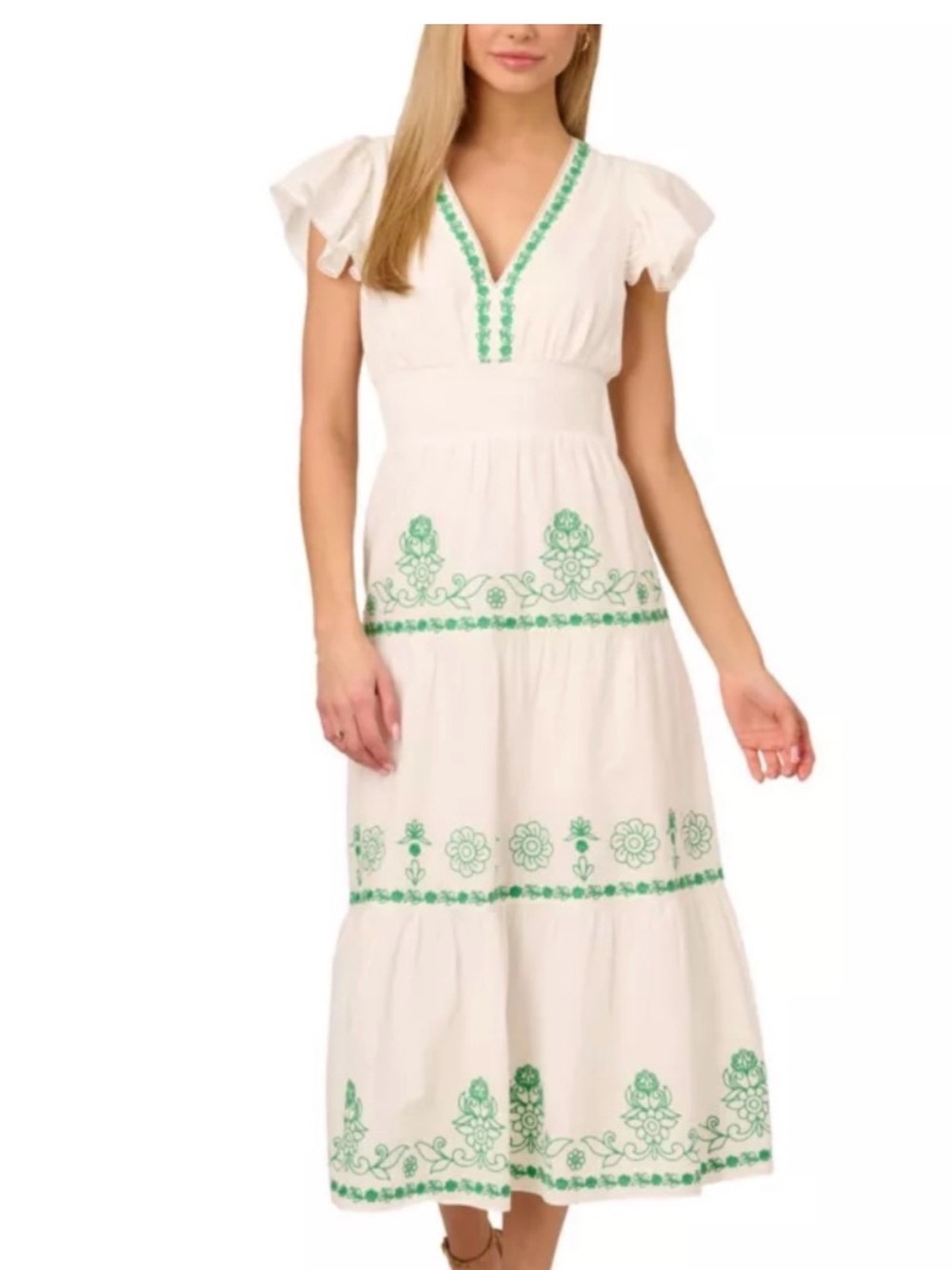 Adrianna Papell White Maxi Dress with Green Embroidery